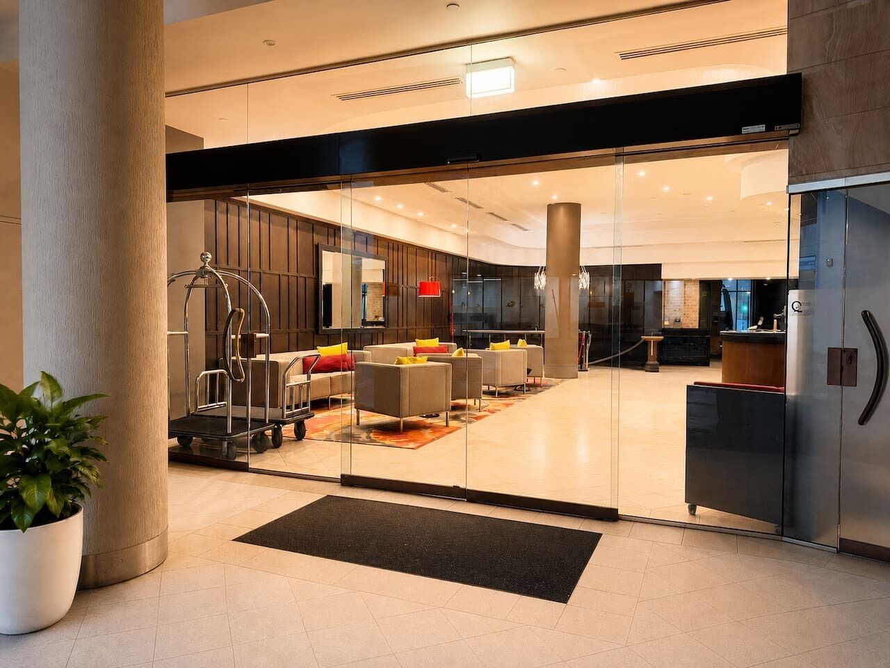 Een moderne lobby met glazen deuren, een receptiebalie en een zithoek.