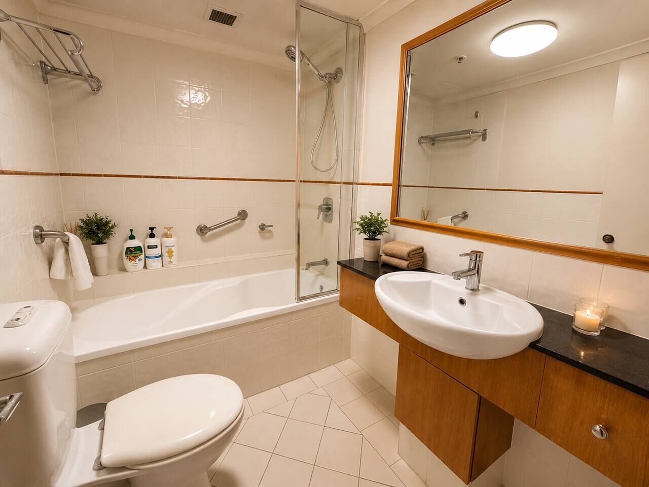 Une salle de bain moderne avec une baignoire, un lavabo et des toilettes.