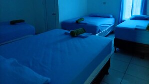 Een kamer met drie eenpersoonsbedden, een deur en een raam met gordijnen.