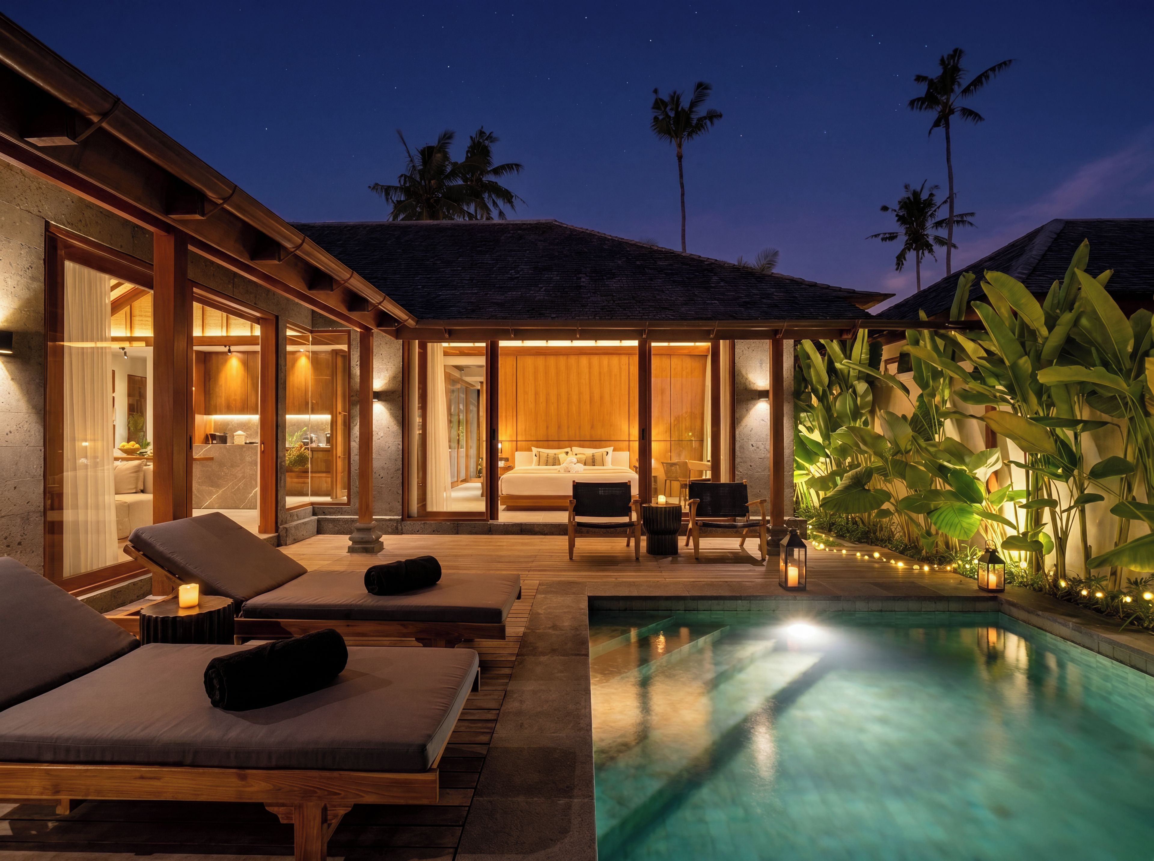 A modern resort with a swimming pool, lounge chairs, and a well-lit bedroom.