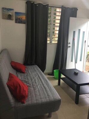 Ein Zimmer mit einem grauen Sofa, roten Kissen, einem kleinen schwarzen Tisch und einem grünen Eimer.