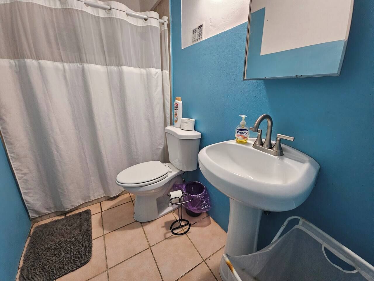A bathroom with a white toilet, a white sink, a blue wall, a shower curtain, a trash bin, and a small rug.