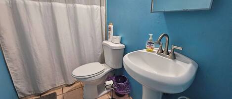 A bathroom with a white toilet, a white sink, a blue wall, a shower curtain, a trash bin, and a small rug.