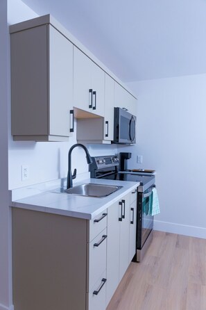 A modern kitchen with a microwave, stove, sink, and cabinets. - Honeycomb Suite, 2 minutes to MillCreek nature park (Riverview)