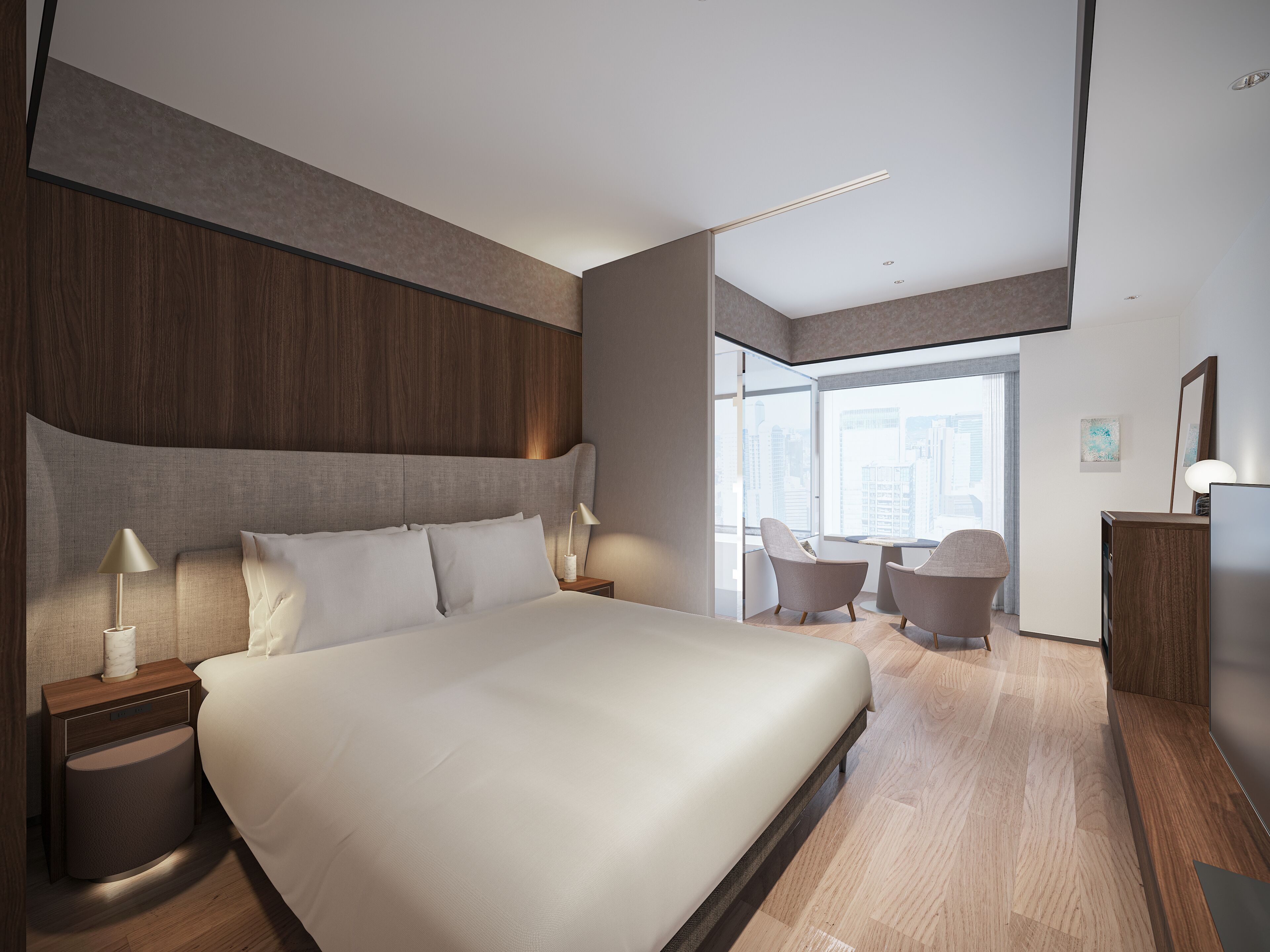 A modern hotel room with a large bed, bedside tables, a desk, and a view of the city.