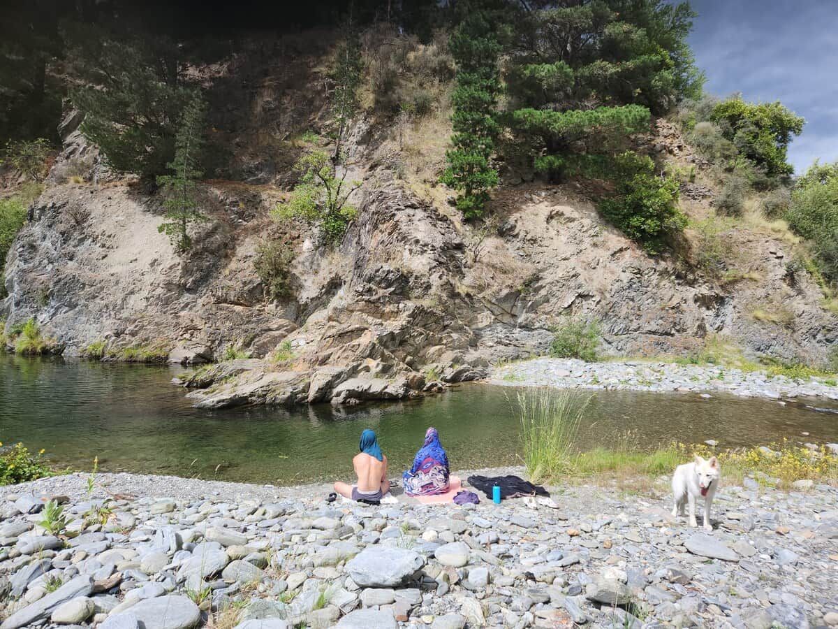 A rocky riverbank with a person and a dog, and a body of water in the background.