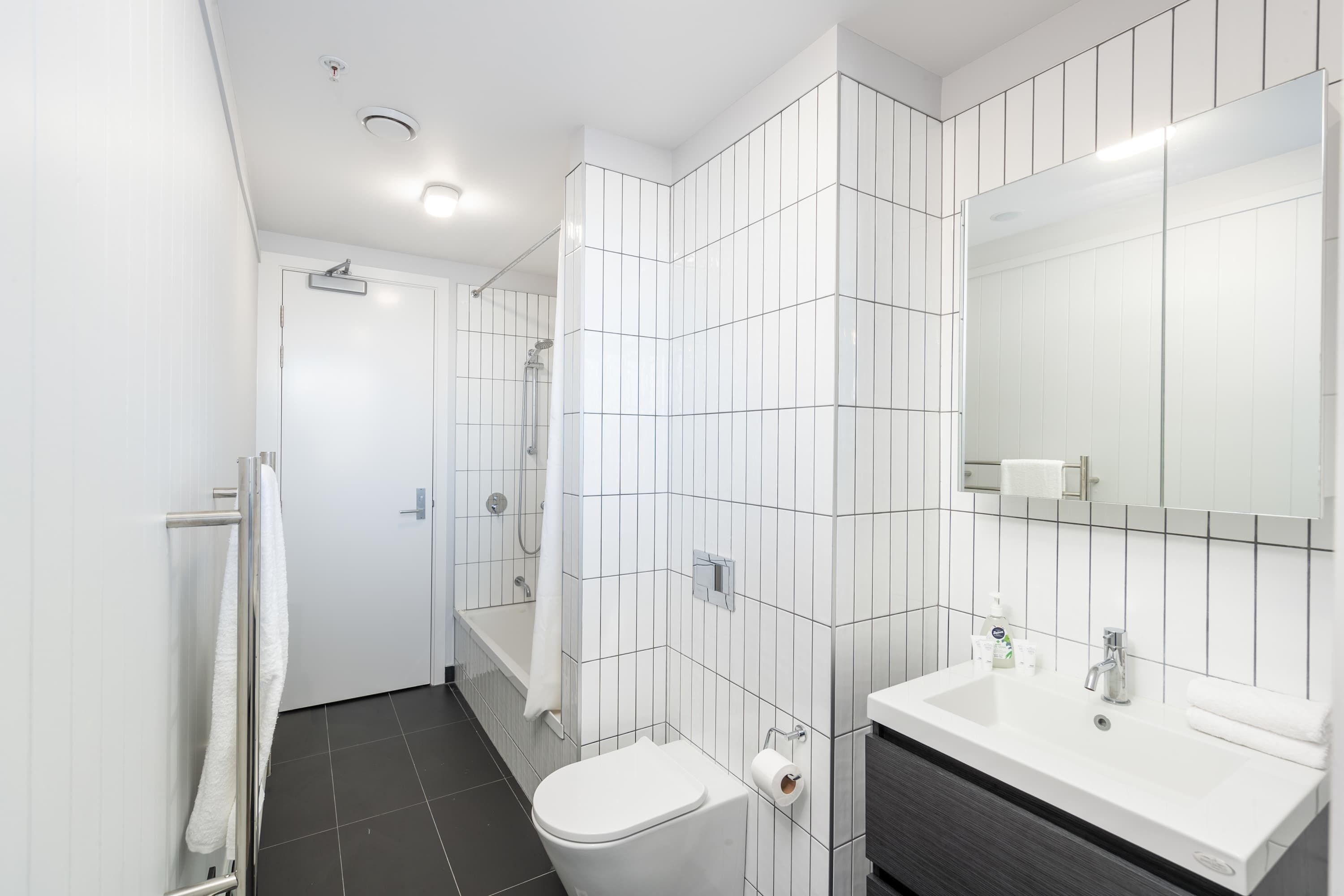 Shower, hair dryer, towels, shampoo