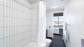 Shower, hair dryer, towels, shampoo
