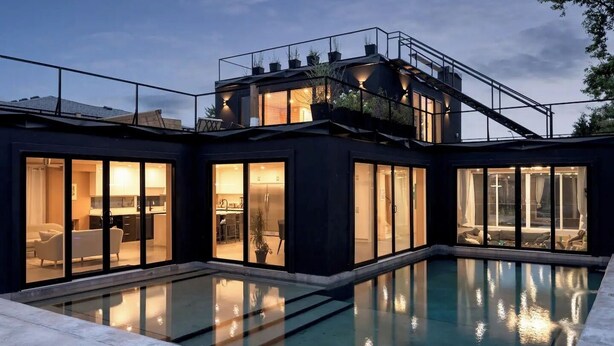A modern house with a pool, large glass doors, and a balcony with plants. - Enjoy Your Own Private Pool and Backyard Oasis in Windsor (Windsor)