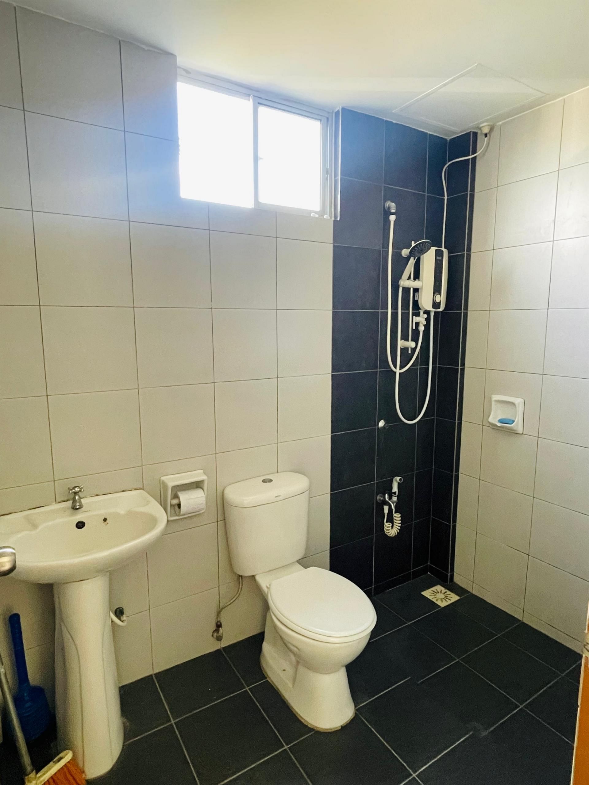 Bidet, towels, soap, toilet paper