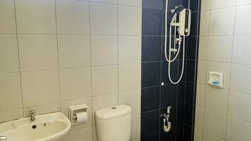 Bidet, towels, soap, toilet paper