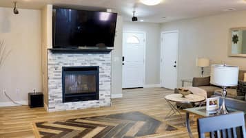Smart TV, fireplace, books