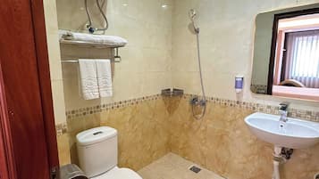 Shower, hair dryer, slippers, towels