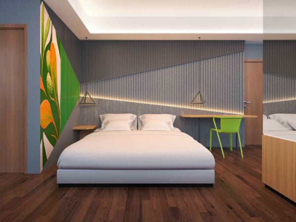 Un dormitorio moderno con una cama grande, un escritorio y una silla.