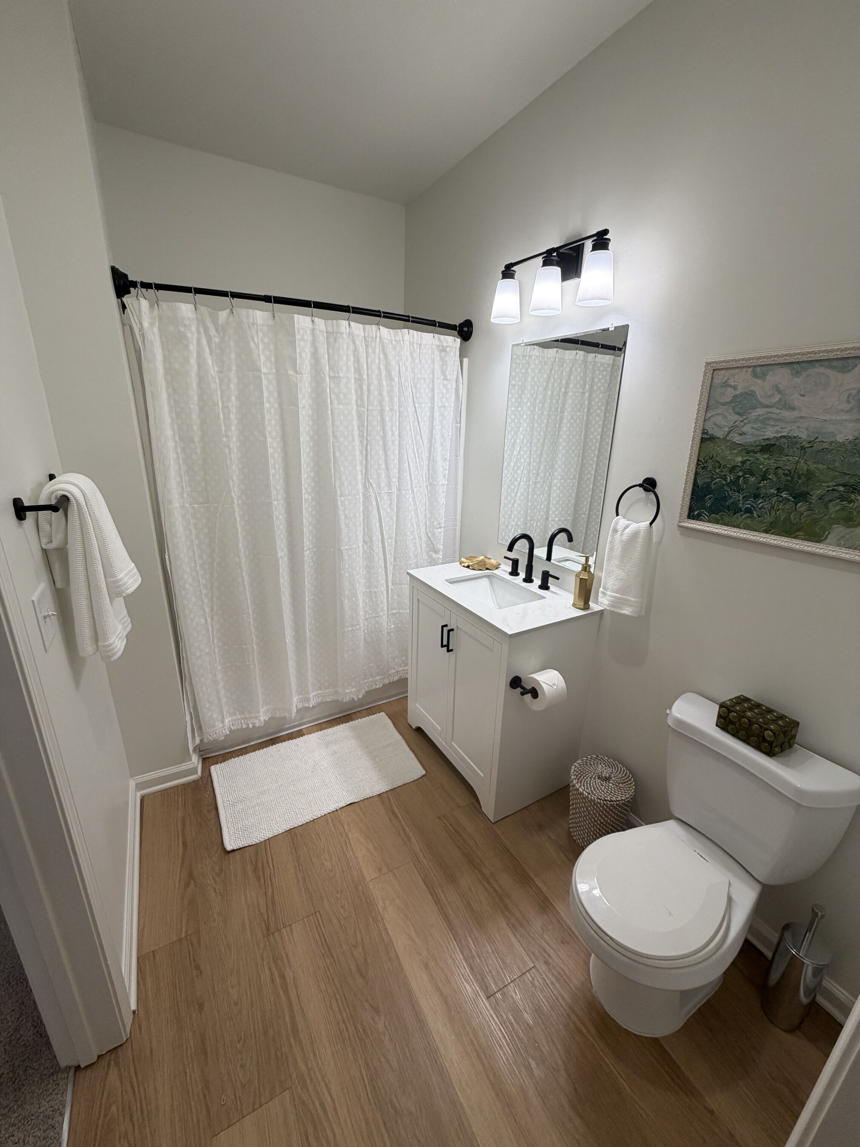 Hair dryer, towels, soap, shampoo