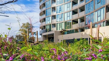 A modern multi-story building with a curved facade, surrounded by lush greenery and purple flowers.
