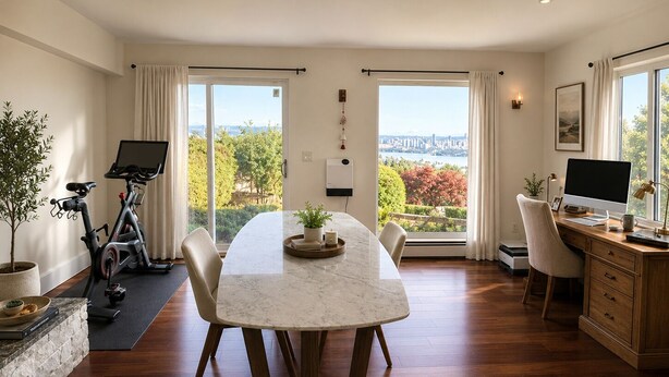 A modern room with a dining table, a computer desk, a treadmill, and a view of a bridge and trees. - One bedroom with bathroom (West Vancouver)