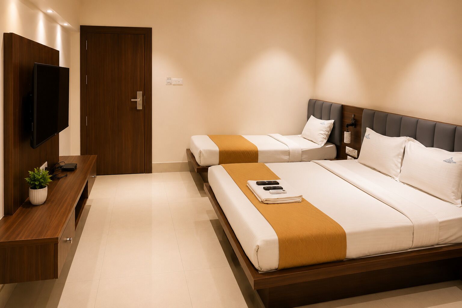 A hotel room with two beds, a TV, and a wooden desk with a plant.