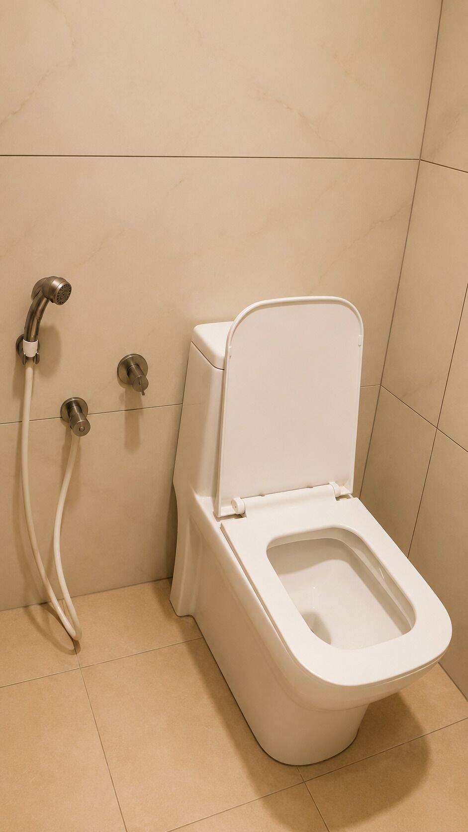 Moderni kylpyhuone, jossa on wc, suihkupää ja wc-paperiteline.