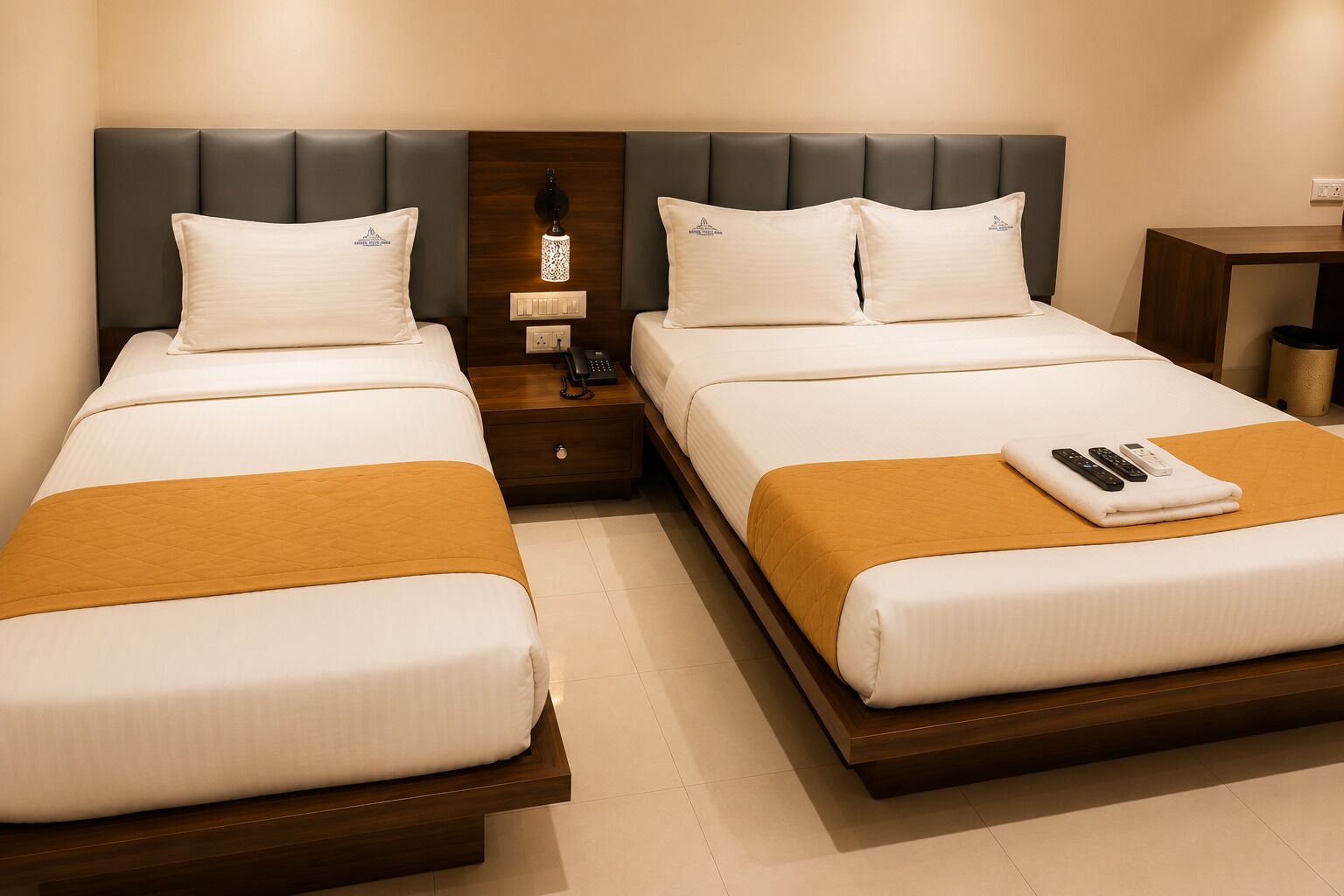 Habitación de hotel con dos camas, cabecero de madera, mesita de noche con lámpara y un control remoto sobre la cama.