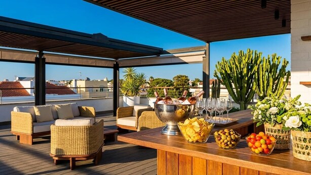 Eine Dachterrasse mit Korbmöbeln, einer Bar mit Snacks und Getränken sowie Blick auf die Stadtlandschaft.