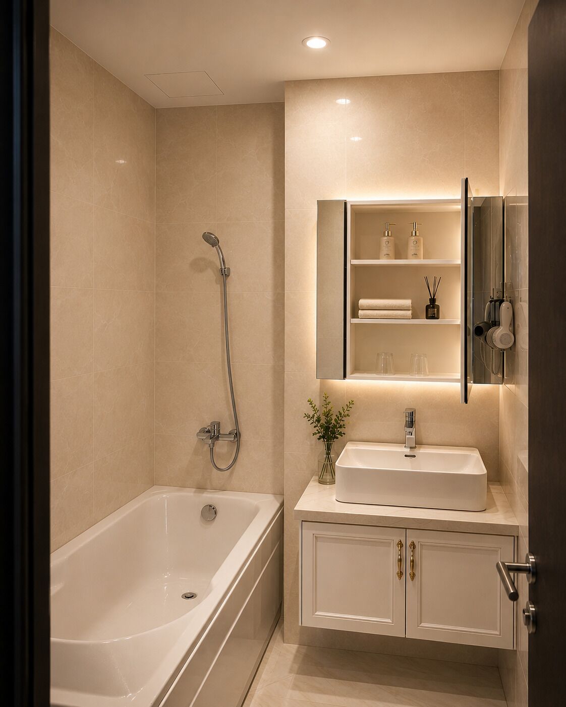 Un baño moderno con bañera, ducha, tocador con lavabo y espejo.