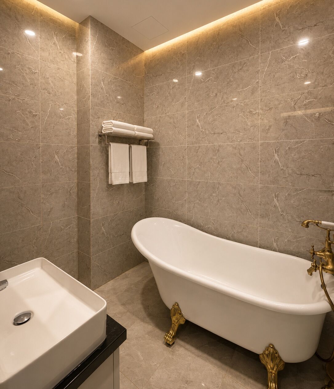 Un baño con una bañera independiente, un lavabo y un perchero para toallas.
