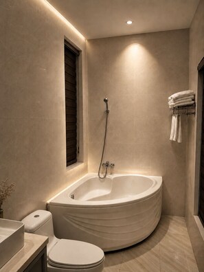 Family Double or Twin Room | Bathroom | Hair dryer, towels, soap, shampoo - D'Élite Boutique Hotel Dĩ An (Di An)