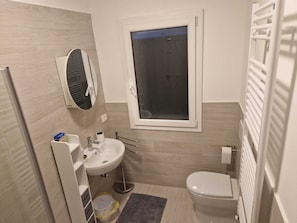 Secadora de cabello, toallas, jabón, papel de baño