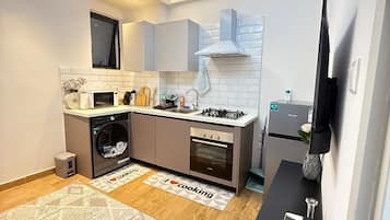 Classic Apartment, City View | Private kitchen | Fridge, microwave, cookware/dishes/utensils