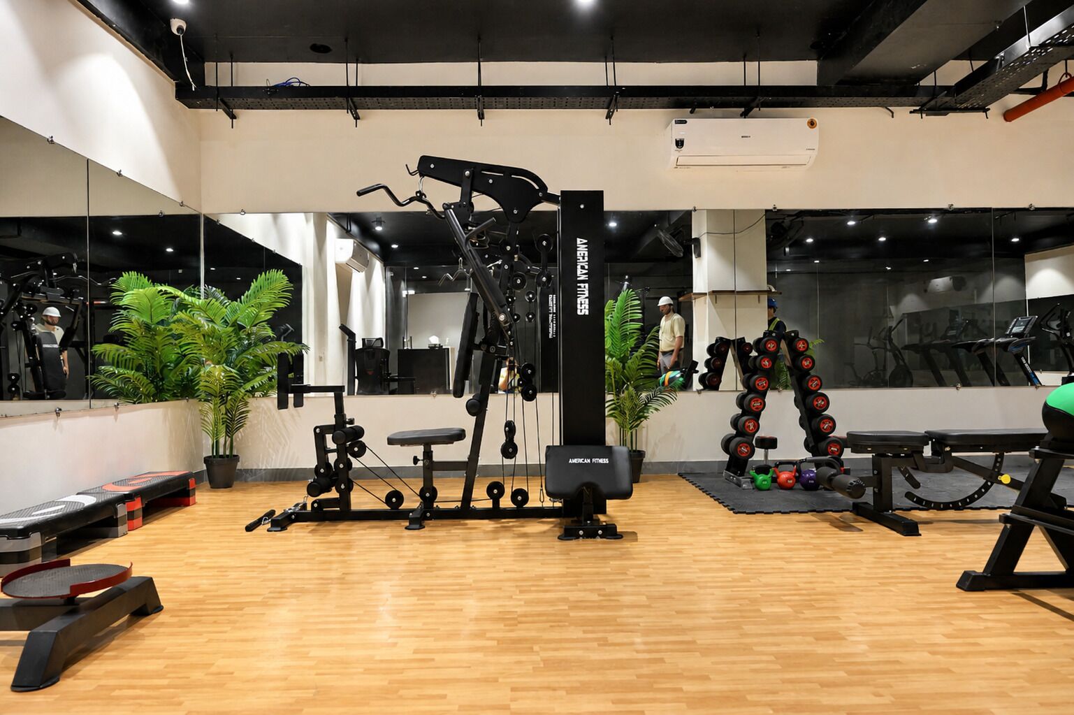Een sportschool met trainingsapparatuur, een spiegelwand en potplanten.