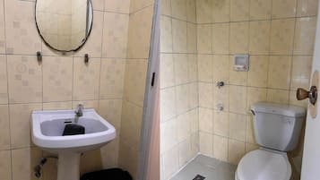 A bathroom with a sink, toilet, and mirror.