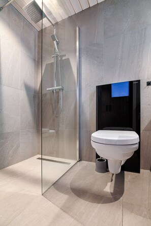 Une salle de bain moderne avec une douche à parois de verre, des toilettes et un lavabo noir.
