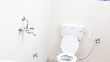 Shower, rainfall showerhead, slippers, towels