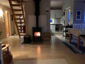 A cozy living room with a wood-burning stove, a wooden ladder, and a kitchen area with cabinets and appliances.