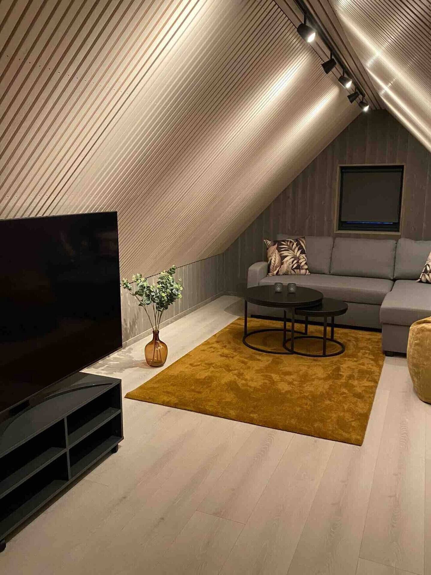 Ein modernes Schlafzimmer im Loftsstil mit schrägen Wänden, einem großen Flachbildfernseher, einer Couch, einem Couchtisch und einer Topfpflanze.