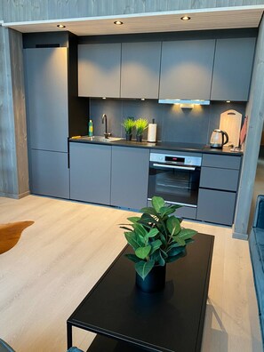 A modern kitchen with grey cabinets, a black countertop, and a built-in oven. - Spectacular view sea front Henningsvær (Vågan)