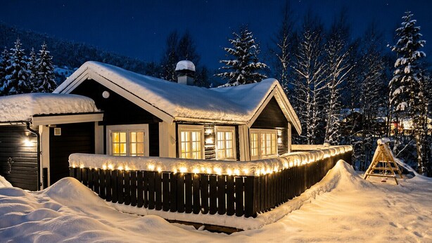 A snow-covered cabin with a wooden deck, a chimney, and a porch with lights.