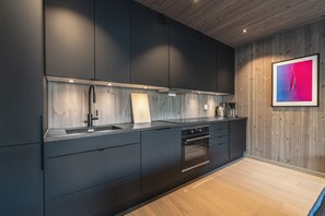 Eine moderne Küche mit dunklen Schränken, einer Spüle aus Edelstahl und einem Backofen.