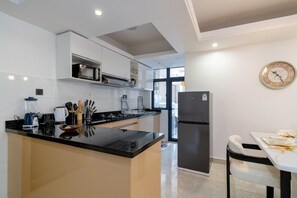 Căn hộ phong cách cổ điển, ban công, quang cảnh thành phố | Bếp riêng | Tủ lạnh, lò vi sóng, lò nướng, bếp nấu 