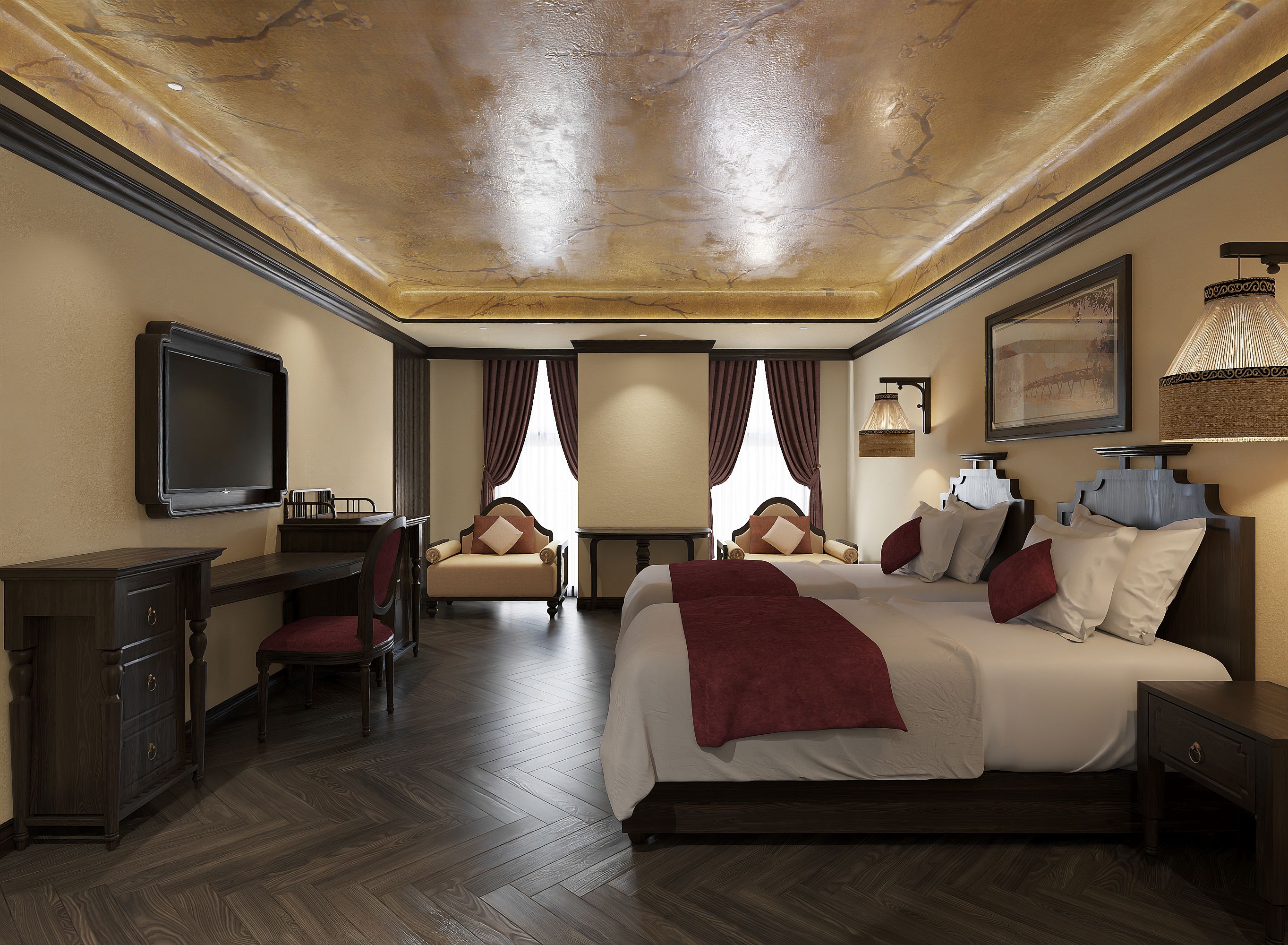 A hotel room with a bed, a desk, a chair, a television, and a window with curtains.