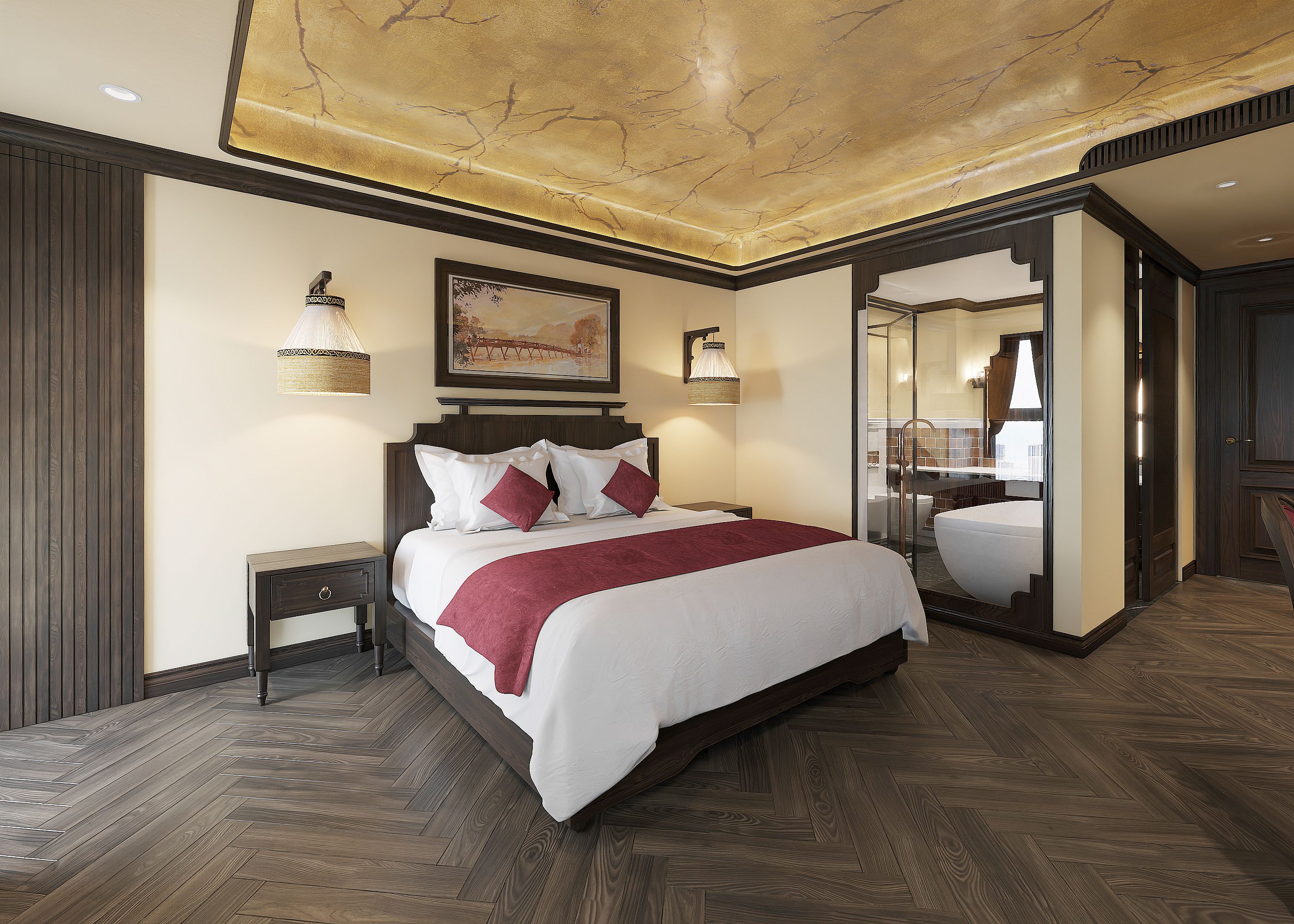 Habitación de hotel con una cama grande, suelo de madera, techo con acabado tipo mármol y baño visible a través de una puerta de cristal.