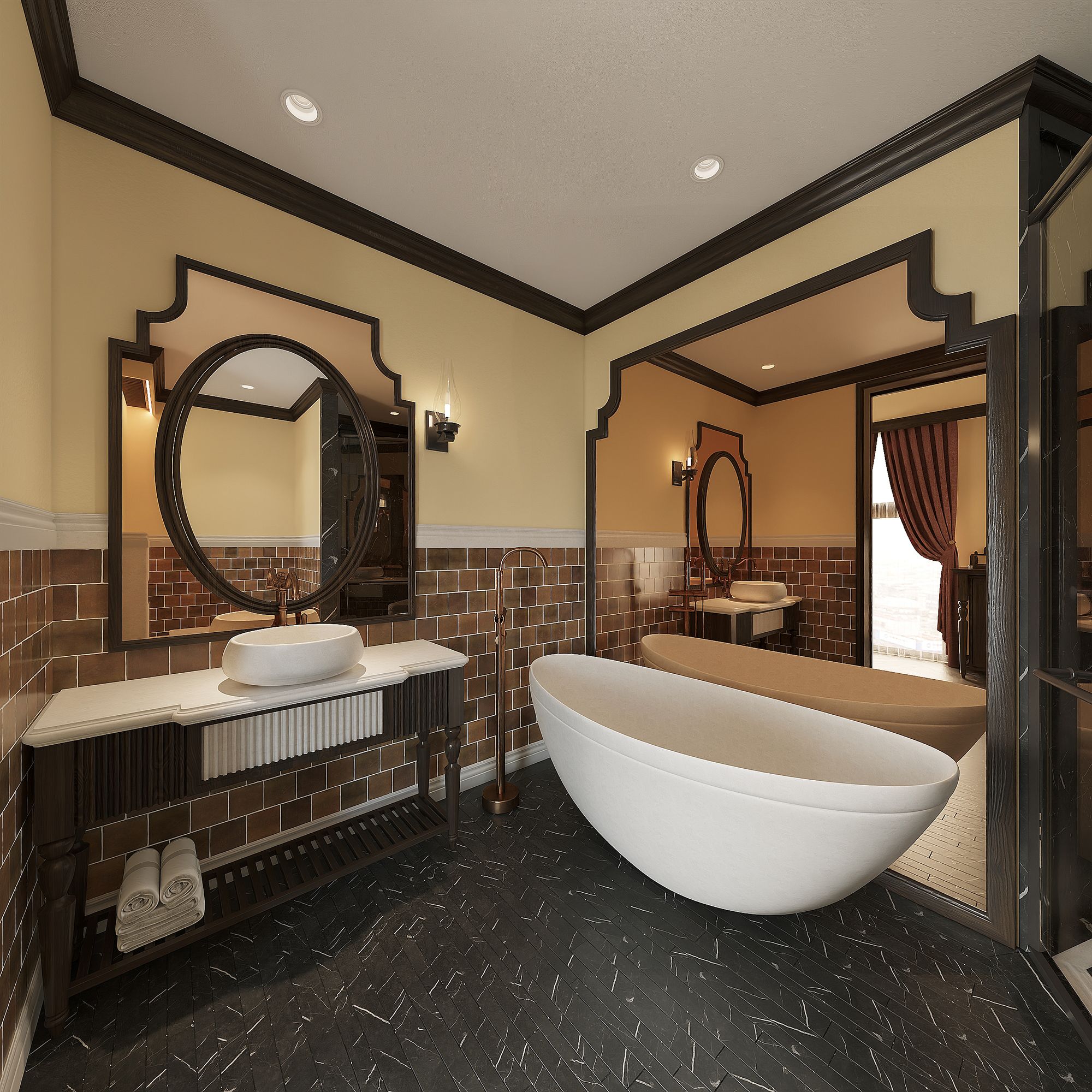 A bathroom with a freestanding bathtub, a double sink vanity, and a large mirror.