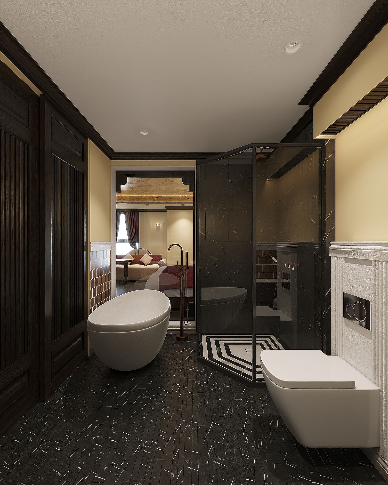 A modern bathroom with a large bathtub, a separate toilet, and a shower area.