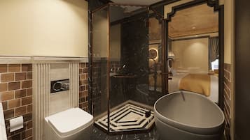 Chambre Double Deluxe, vue ville | Salle de bain | Sèche-cheveux, chaussons, serviettes fournies, savon