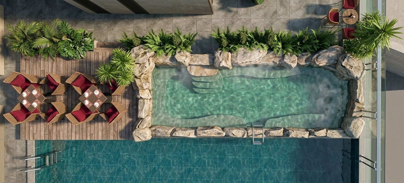 Outdoor pool, pool umbrellas, sun loungers