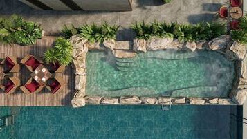 Outdoor pool, pool umbrellas, sun loungers