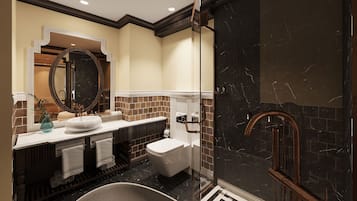 Deluxe Double Room, City View | Bathroom | Hair dryer, slippers, towels, soap