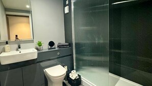 Ducha, secador de pelo, jabón, papel higiénico