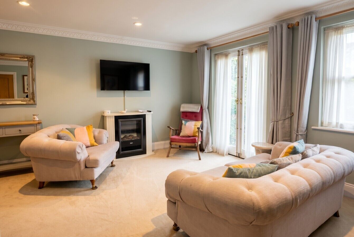 TV, fireplace, books